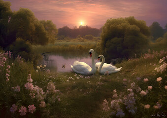 Couple  of white  Swans in the beautiful sunset lake