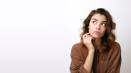 Portrait of minded woman touch hand chin look copyspace think thoughts plan isolated over white color background