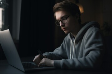 Young man working on laptop computer at home