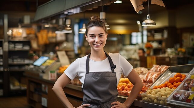 A smiling woman store employee in a grocery store. Person with an apron working in the market. Generative AI.