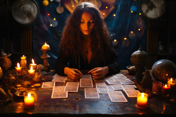 A female fortune teller, with an array of mystical tarot cards displayed on a table - obrazy, fototapety, plakaty