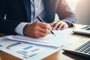 Person meticulously reviewing personal finances, examining budget, income, taxes, debt, and credit card details on paper, highlighting financial responsibility, closeup on hands