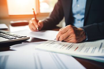 Person meticulously reviewing personal finances, examining budget, income, taxes, debt, and credit card details on paper, highlighting financial responsibility, closeup on hands