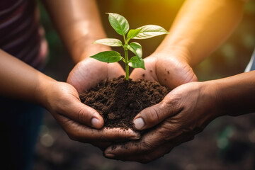 Hands together holding small plant in fertile soil, environmental sustainability, nurturing growth, eco-awareness concept. Closeup