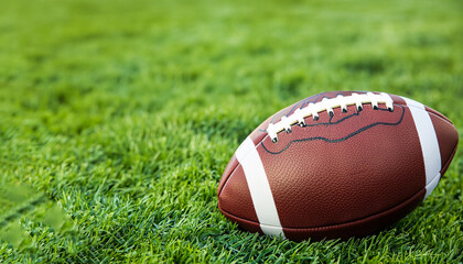Ball for American football on fresh green field grass, closeup. Space for text