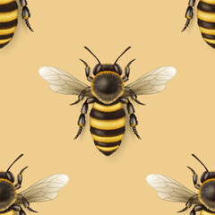 Vector Seamless Pattern with 3d Realistic Detailed Honey Bee Icon Closeup on Yellow Background. Queen Honeybee Design Template, Vector Illustration of Bee in Macro, Top View