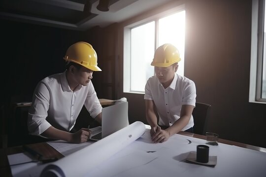 Two architects discussing project data on digital tablet and laptop at construction site in office.
