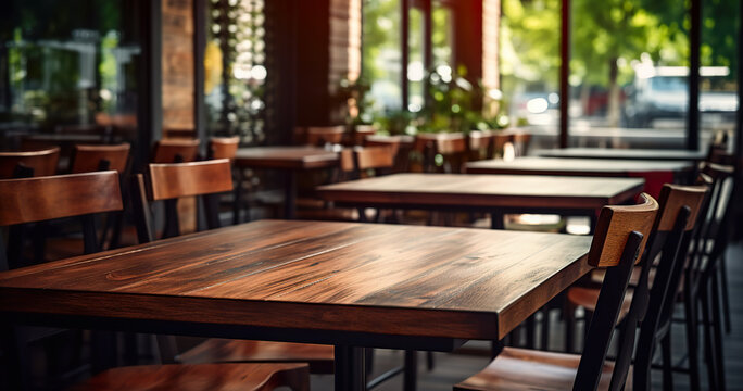 Cozy cafe interior with wooden floor and tables with chairs standing next to them. Large windows, digital ai