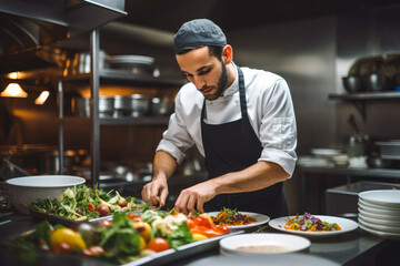 A young male chef preparing food in a restaurant kitchen, displaying culinary expertise and passion for cooking