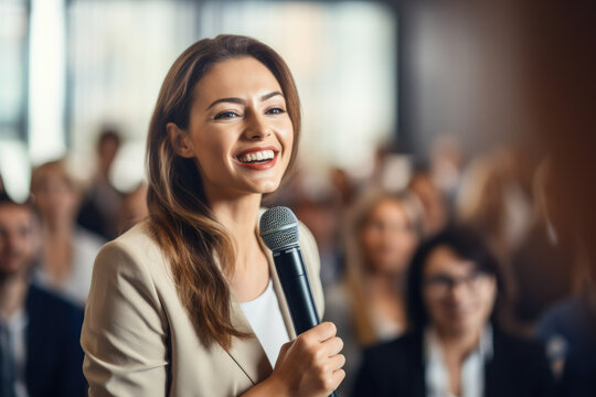 Empowered woman delivering an engaging and dynamic presentation to a female audience. The corporate setting highlights her professionalism and leadership