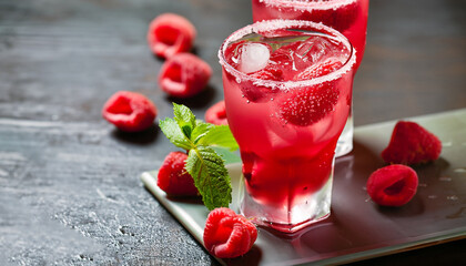 Raspberry crushed ice cold refreshing cocktail with mint