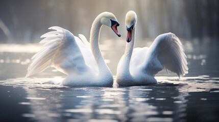 Two elegant swans engaged in a romantic courtship dance, creating a mesmerizing display of grace and love Generative AI