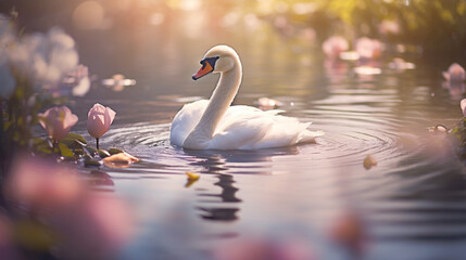 A dreamy image of a swan floating amidst water lilies, surrounded by the soft colors of a tranquil pond Generative AI