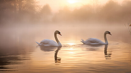 Fototapeta premium A pair of swans gliding through a mist-covered lake at dawn, evoking a sense of mystery and enchantment Generative AI