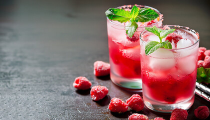 Raspberry crushed ice cold refreshing cocktail with mint