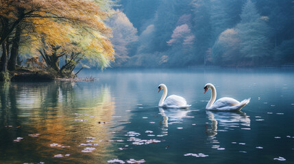 A serene scene of swans gracefully swimming through a glass-like lake, undisturbed by the tranquil surroundings Generative AI