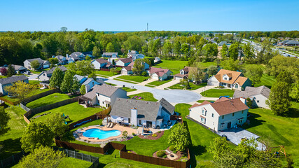 House with pool in backyard and landscaping with flowers in aerial of neighborhood