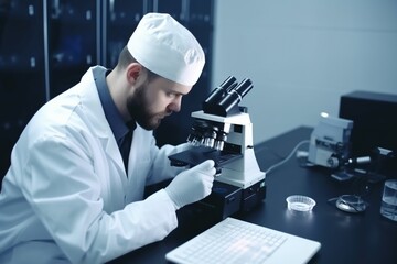 Scientist using laptop and tablet with microscope, recording lab tests in hospital laboratory.
