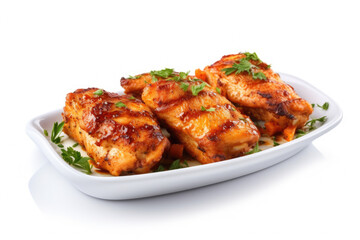 Fototapeta premium chicken drumstick with a spicy breading, decorated with lemon and served with a green garnish consisting of fresh vegetables, including lettuce leaves and tomato chunks.