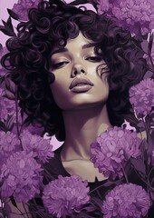 Floral purple negative illustration art of pretty girl portrait generate by AI