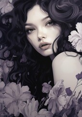 Floral purple negative illustration art of pretty girl portrait generate by AI