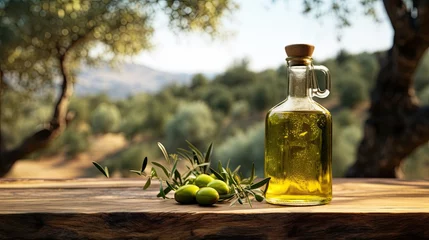 Fotobehang Imagine a olive oil bottle on wooden table placed between a olive forest  © twilight mist