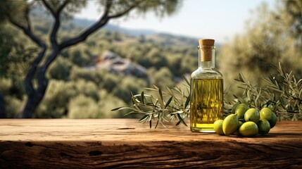 Naklejka premium Imagine a olive oil bottle on wooden table placed between a olive forest 