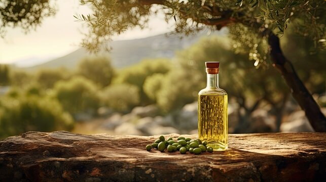 Imagine a olive oil bottle on wooden table placed between a olive forest 