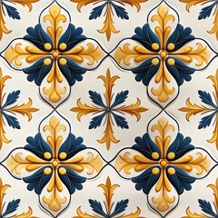 Seamless pattern with decorative ornament in blue and yellow colors in traditional style - like Portuguese tiles