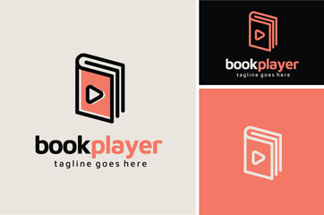 Book with Play Media Button for Library Magazine Song Music Movie Video Multimedia Player logo design