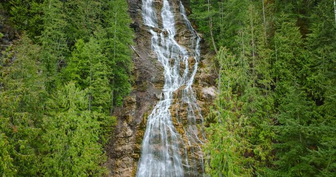 Aerial view of beautiful waterfall Bridal Veil, British Columbia, Canada. 