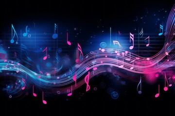 Harmony in the Night: Pink and blue music notes on dark background, Generative AI