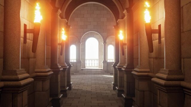 Animation of cinematic style an ancient ornate tunnel, the end of which is a hall made of stone decorated with torches and arched Stairs leading up to the balcony outside.3d render illustration