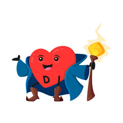 Cartoon vitamin D sorcerer character, calciferol micronutrient wizard, magician or sorcerer. Isolated vector heart shaped capsule mage, food supplement drug personage casting spell with magic staff