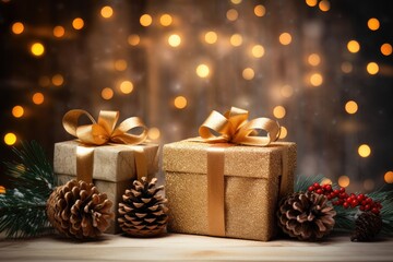 christmas and new year background - gift boxes and pine cones and branches on the background of bokeh garlands - Powered by Adobe