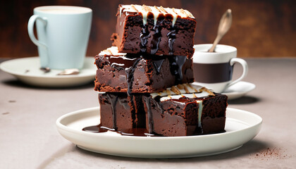 Brownies in stacked coffee cups with hot fudge chocolate sauce