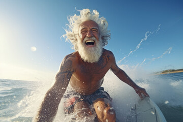 Life's Swell: Senior Beachgoer with White Beard Surfing on a beach in Retirement,active aging concept.