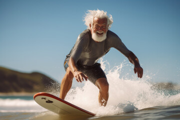 Senior with neoprene wetsuit and white beard enjoying surfing during his retirement at the beach, active aging concept.