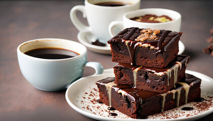 Brownies in stacked coffee cups with hot fudge chocolate sauce
