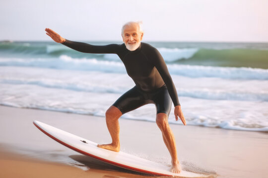 Elderly man learning to surf, practicing on a surfboard at the beach shore, receiving surf lessons during his vacation, active aging concept.	