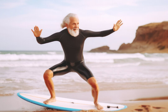Elderly man learning to surf, practicing on a surfboard at the beach shore, receiving surf lessons during his vacation,active aging concept. - Powered by Adobe