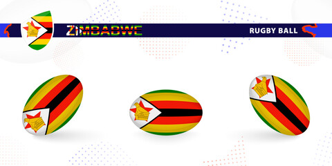 Rugby ball set with the flag of Zimbabwe in various angles on abstract background.