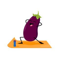 Cartoon eggplant vegetable character in yoga pose. Vector funny veggies standing on mat during wellness or fitness class. Comic personage practice healthy lifestyle and focusing on mental balance