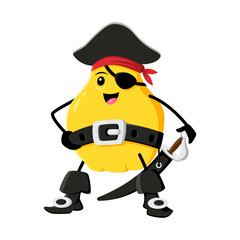 Cartoon quince fruit pirate and corsair character with saber. Vector happy smiling buccaneer in captain cocked hat and eye patch. Isolated freebooter or picaroon book or game personage with sword