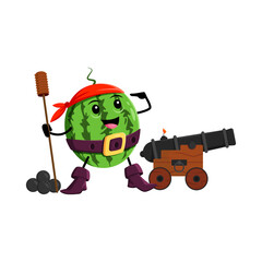 Cartoon watermelon fruit pirate and corsair character with cannon. Vector ripe fruit freebooter wear bandana and boots attack enemy with weapon. Isolated buccaneer, picaroon book or game personage