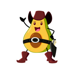 Cartoon avocado vegetable cowboy or sheriff character. Funny vector ranger wear hat, belt and boots. Fresh veggies horseman personage, isolated wild west fantasy healthy food, friendly vitamin plant