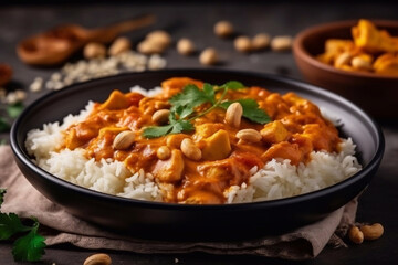Indian curry bowl. Restaurant serving. Menu photo. Generative AI. - obrazy, fototapety, plakaty