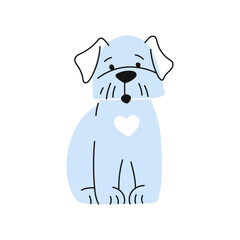 Doodle of blue puppy dog with heart shape mark. Vector adorable baby dog hand drawn portrait, comic pretty canine animal, puppy doodle