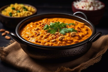 Indian curry bowl. Restaurant serving. Menu photo. Generative AI.