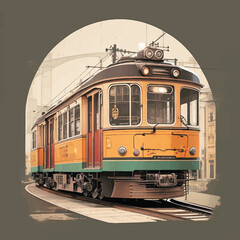 Vintage Tram Train in round shape vector
